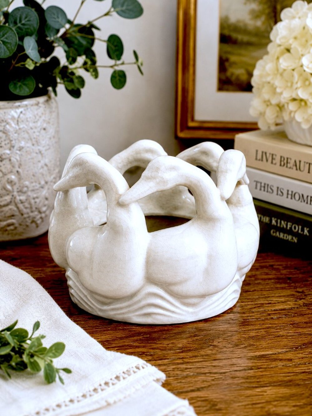 Vintage White Swan Planter Bowl Ceramic Cachepot Ring of Swans Made in Japan 5"